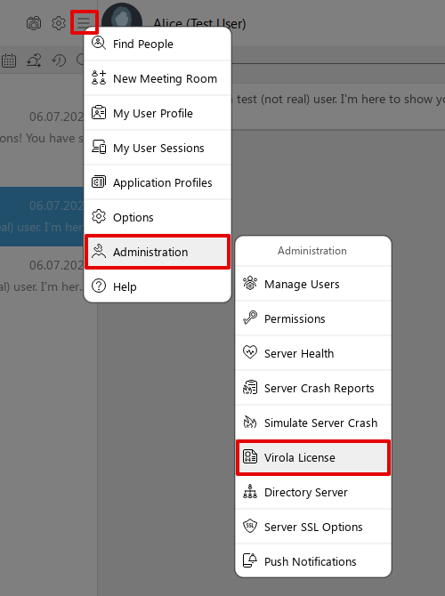 How to find Virola License option in Virola client