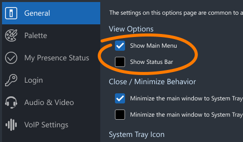 Menu bar and status bar in Virola options