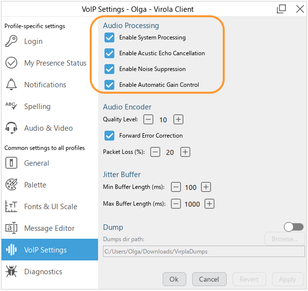 VoIP settings in Virola Client