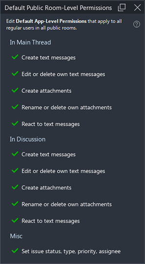 Screenshot of default room-level permissions