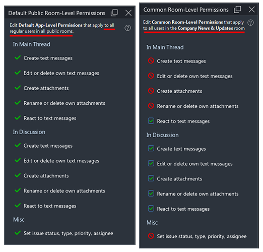 Example of room-level settings that convert the room to a news channel