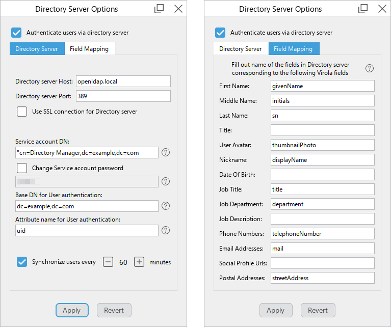 Screenshots of Directory Server options and fields mapping in Virols