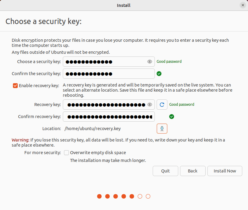 Security key selection settings screenshot