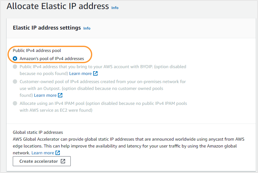 Screenshot of AWS Elastic IP address settings