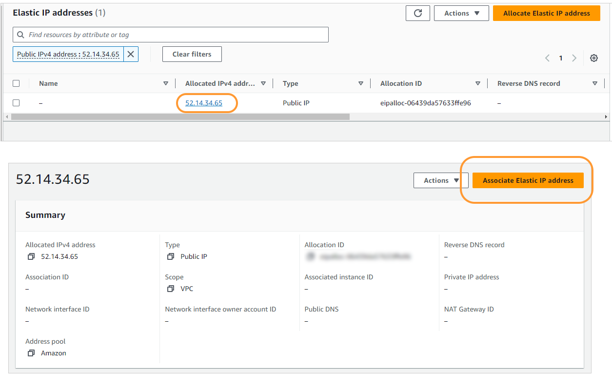 Screenshot of AWS Elastic IP address settings