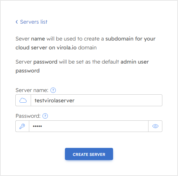 Cloud server name and pasword