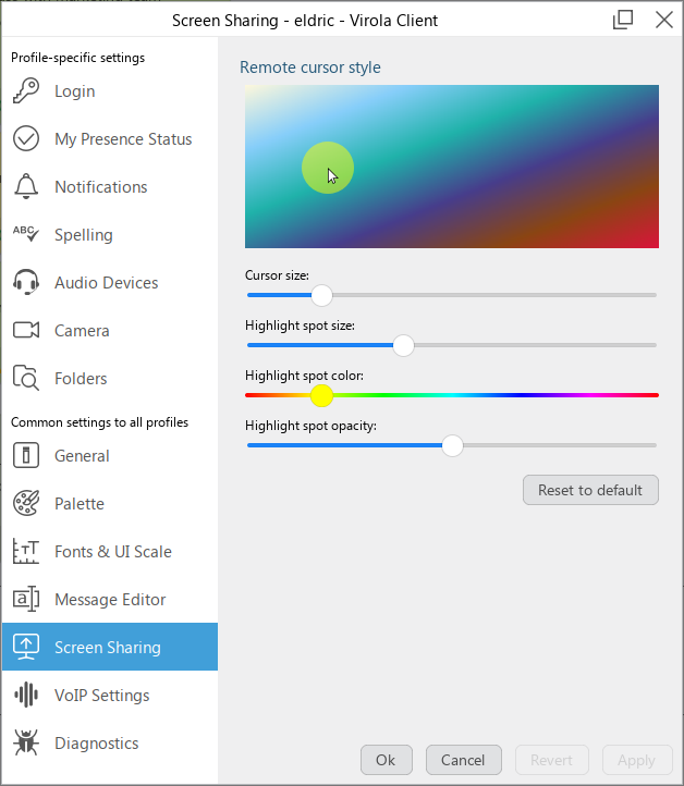 Screenshot of screen sharing options in Virola client