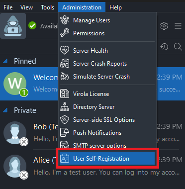 Screenshot of self-registration menu item in Virola Client