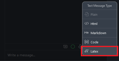Screenshot of message type menu in Virola Client with Latex item highlighted