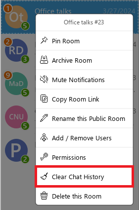 Screenshot of the chat room context menu with 'Clear Room History' item highlighted